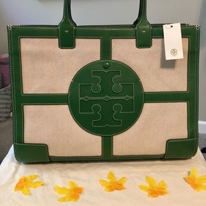 Tory Burch Ella Canvas Quadrant Tote Grn